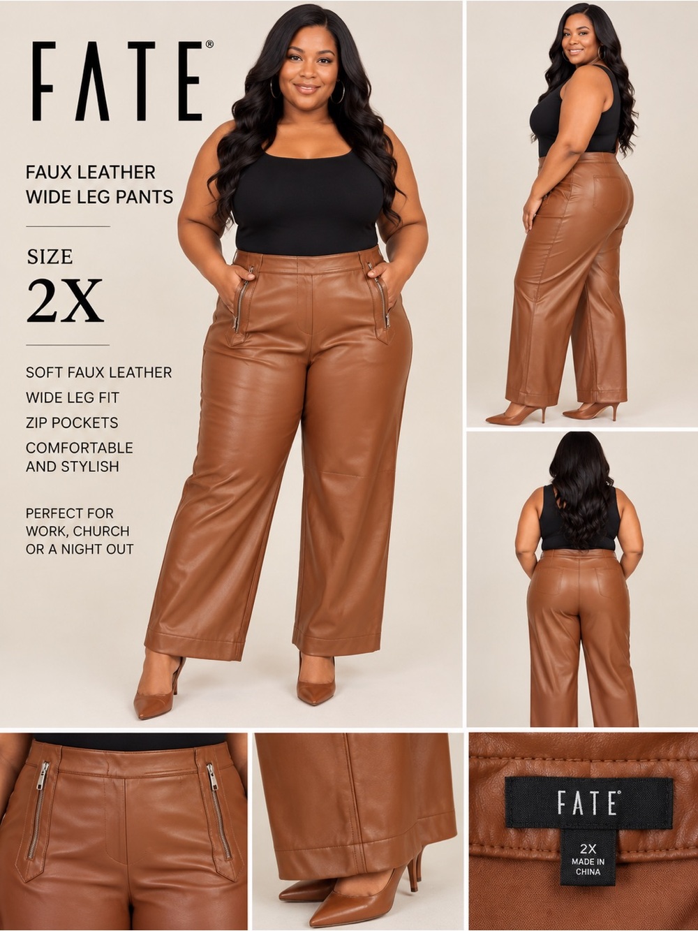 Fate Faux Leather Wide Leg Pants in Brown